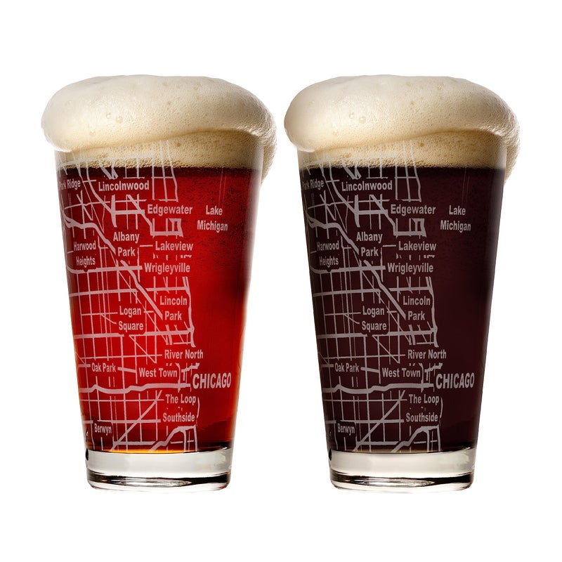 Greenline Goods Beer Glasses - 16 oz Drinkware Set for Chicago lovers - Set of 2 - Etched with Chicago, IL Map | Premium Decorative Glassware - Image 1